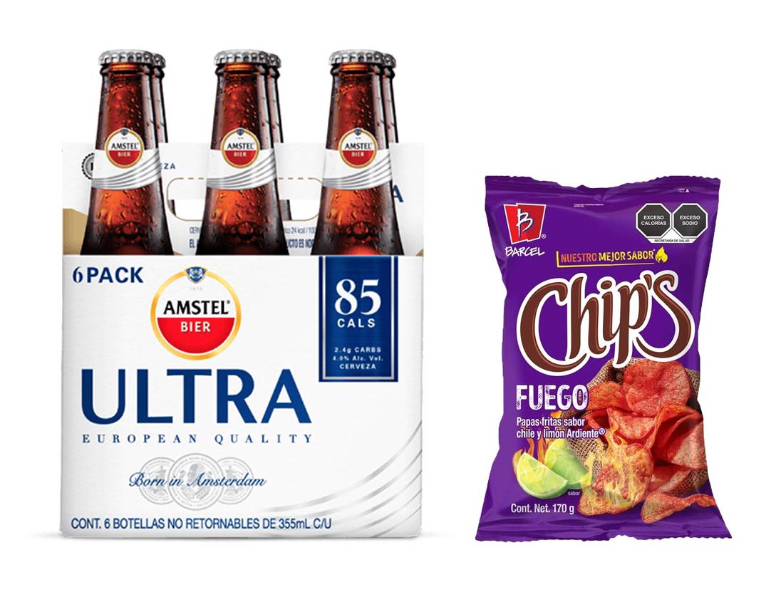 Combo Amstel Ultra Cerveza Botella Six Pack 355 ml - Chip's Papas Fuego 170 gr