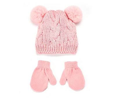 Toddler Cable Knit Double Pom-Pom Beanie & Mittens Set, Pink