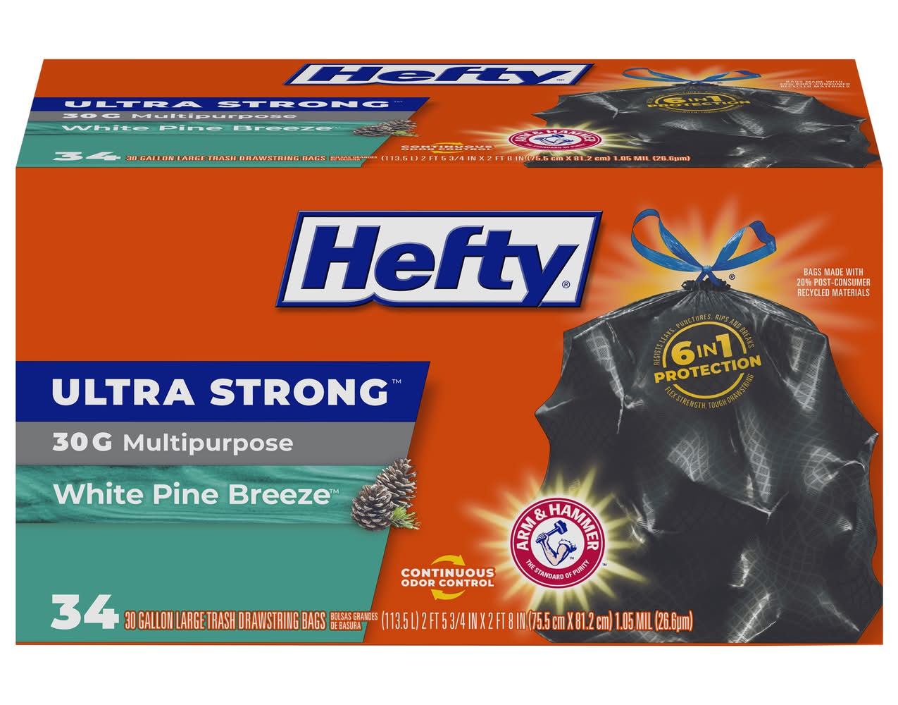 Hefty Ultra Strong Multipurpose Drawstring Trash Bags 30 Gal, White Pine Breeze, 75.5x81.2 cm (34 ct)