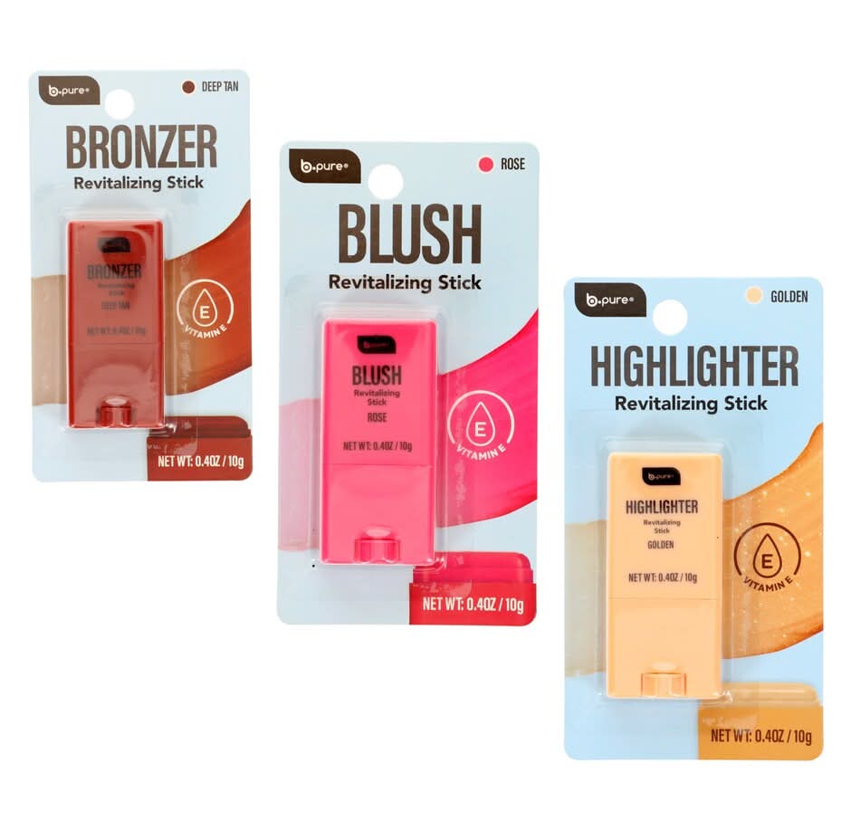 B Pure Vitamin E Bronzer/Blush/Highlighter Revitalizing Sticks, Deep Tan-Rose-Golden (0.4 oz, 3 ct)