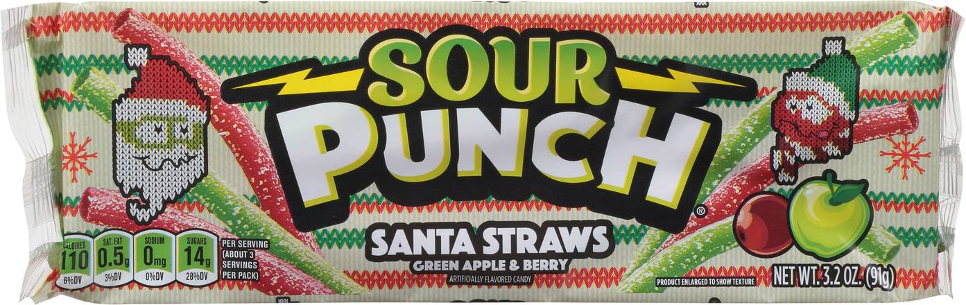 Sour Punch Green Apple & Berry Santa Straws 3.7 oz