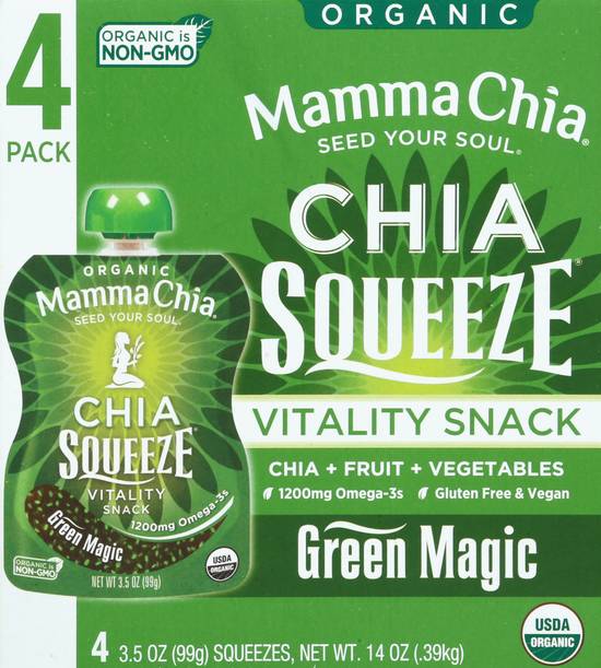 Mamma Chia Organic Green Magic Chia Squeeze Vitality Snack (4 x 3.5 oz)