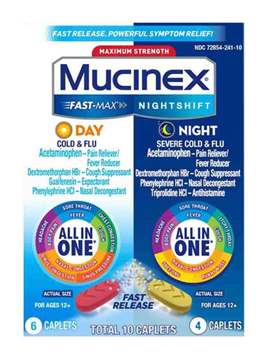 Mucinex Fast Max Day Cold and Flu Night Severe Caplets, Y12+ (10 ct)