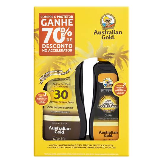 Australian gold kit protetor solar spray gel fps 30 com instant brozer e dark tanning accelerator clear (2 un)
