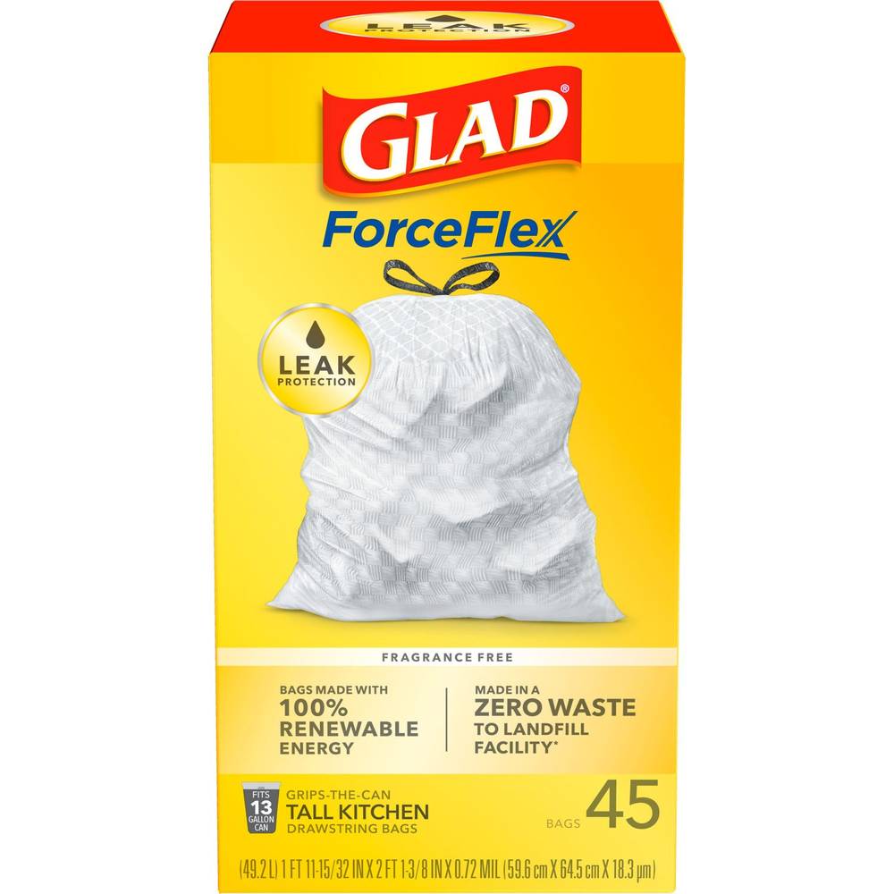 Glad Forceflex Sustainable Tall Kitchen Trash Bags Made With 100% Renewable Energy, 13 Gal Drawstring, 45 Ct