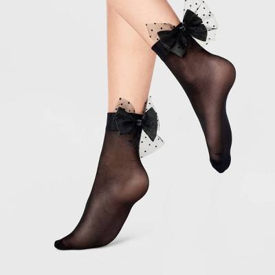 A New Day Sheer Anklet Socks With Mesh Polka Dot Bow, Size 4-10, Black
