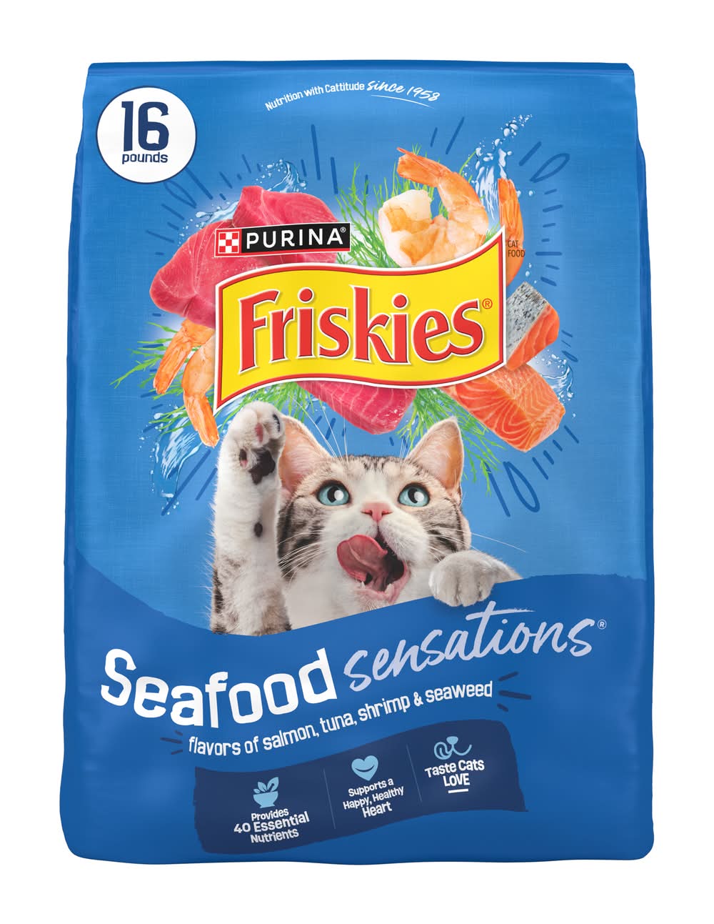 Purina Friskies Seafood Sensations Dry Cat Food, Salmon Tuna Shrimp & Seaweed (16 lbs)