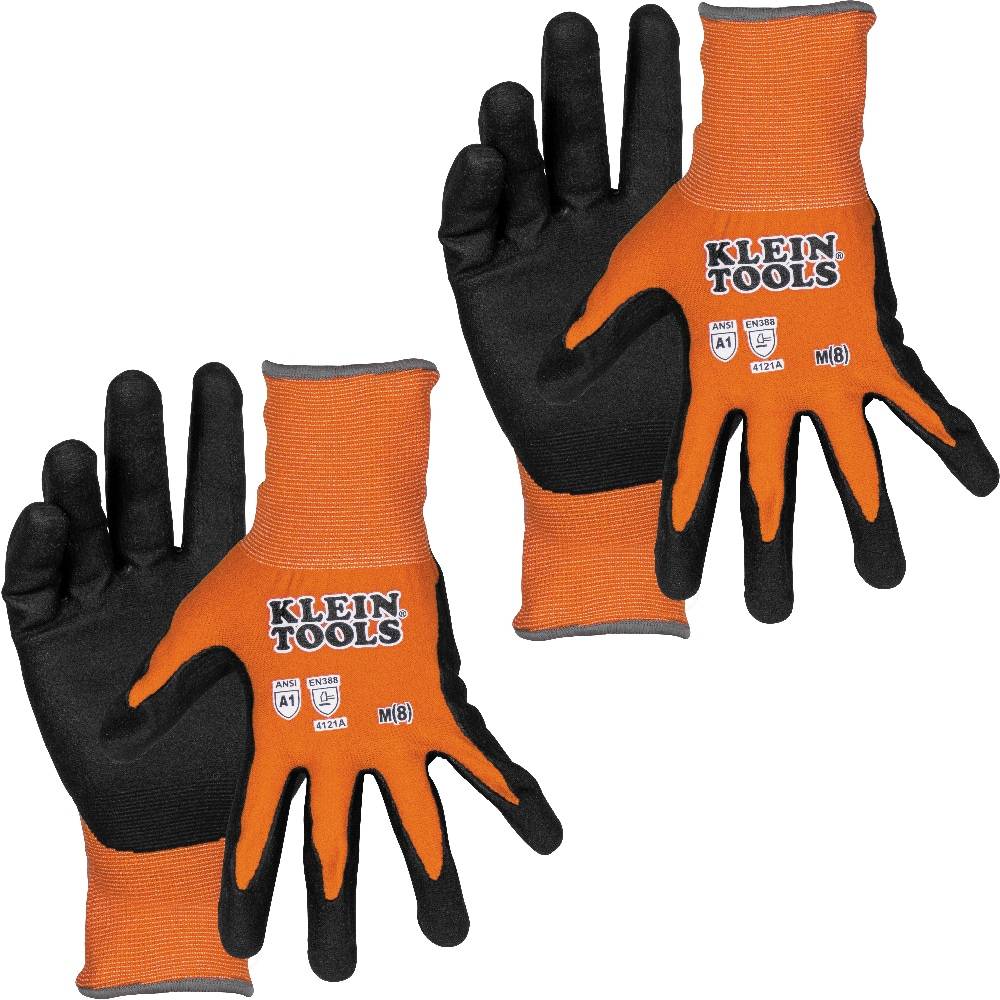 Klein Tools Medium Orange Nitrile Dipped Nylon Gloves, (2-Pairs) | 60580