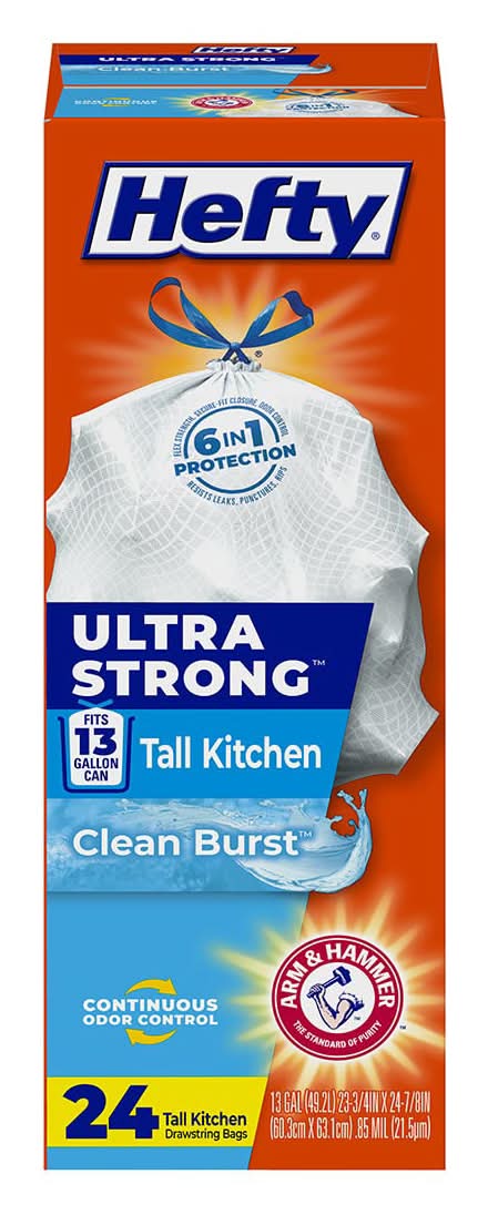 Hefty Ultra Strong Tall Kitchen Trash Bags 13 Gal, Clean Burst, 60.3x63.1 cm (24 ct)