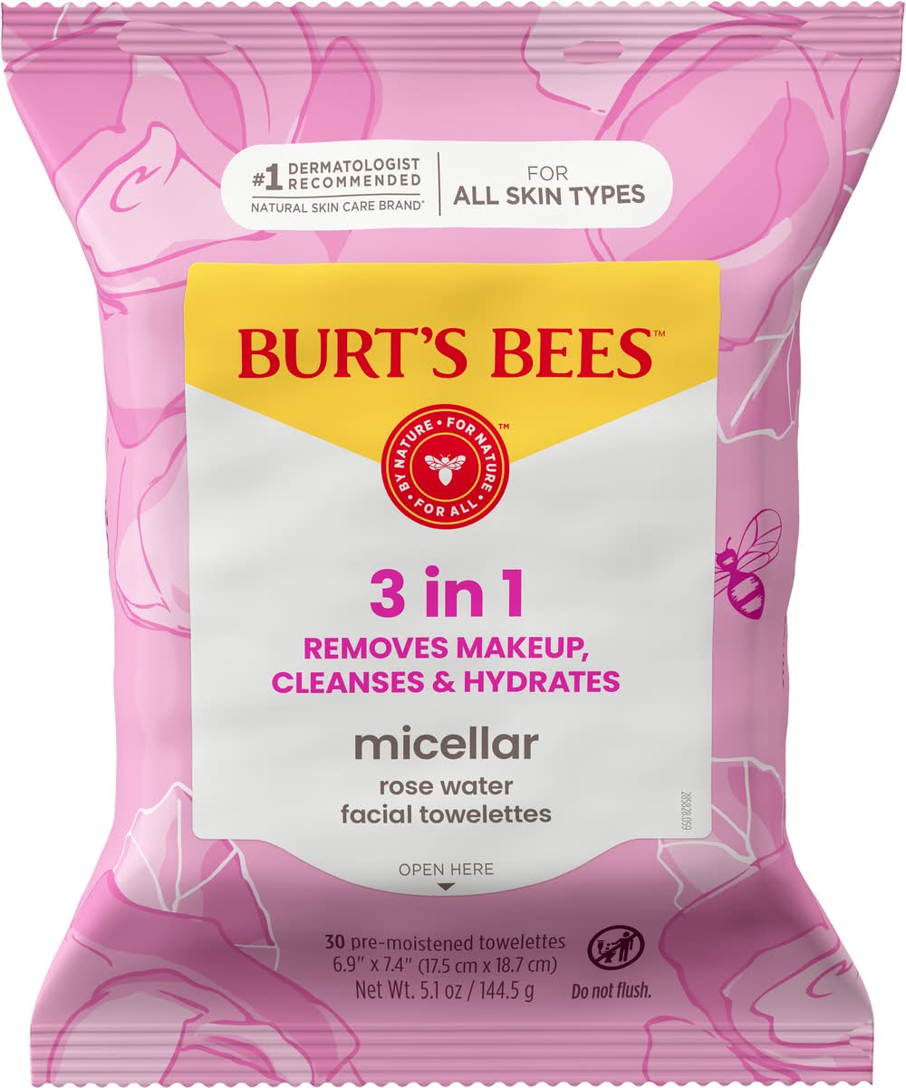 Burt's Bees Micellar 3 in 1 Rose Water Facial Towelettes, 6.9" * 7.4" (5.01 oz, 30 ct)
