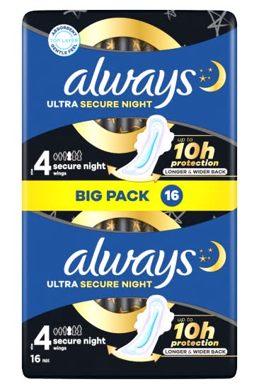 Always Size 4, Ultra Secure Night Wings Pads (16 pack)