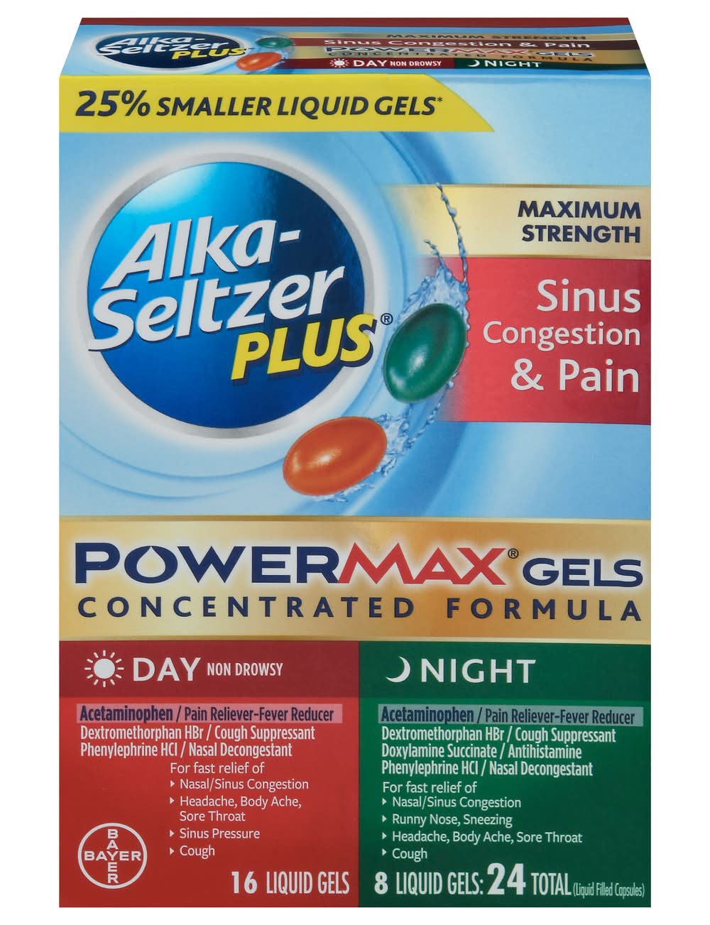 Alka-Seltzer Plus Powermax Sinus & Cold Acetaminophen Day and Night Pain Reliever Gels (1.7 oz, 24 ct)