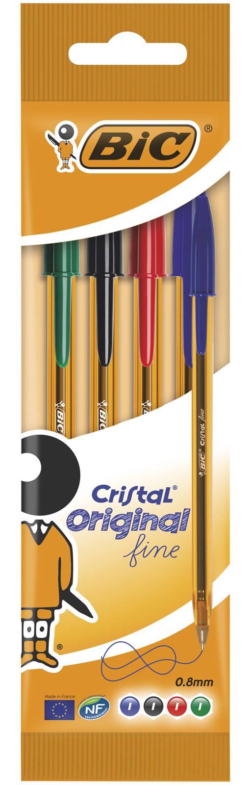 BiC - Stylos-bille cristal pointe fine original, 0.8mm, rouge - vert - noire - bleu (4)