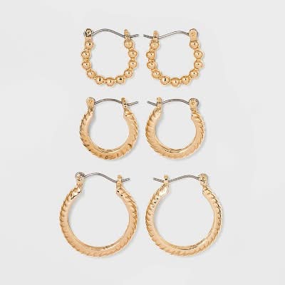 A New Day Multi Textured Hoop Trio Earring Set, Gold (3 ct)