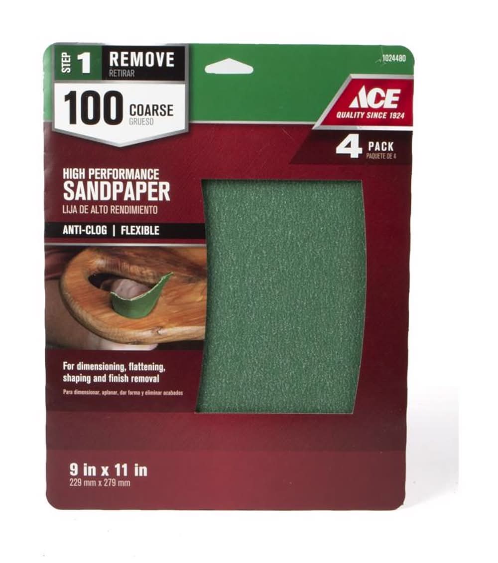 ACE 11 In. L X 9 In. W 100 Grit Aluminum Oxide All Purpose Sandpaper 4 Pk