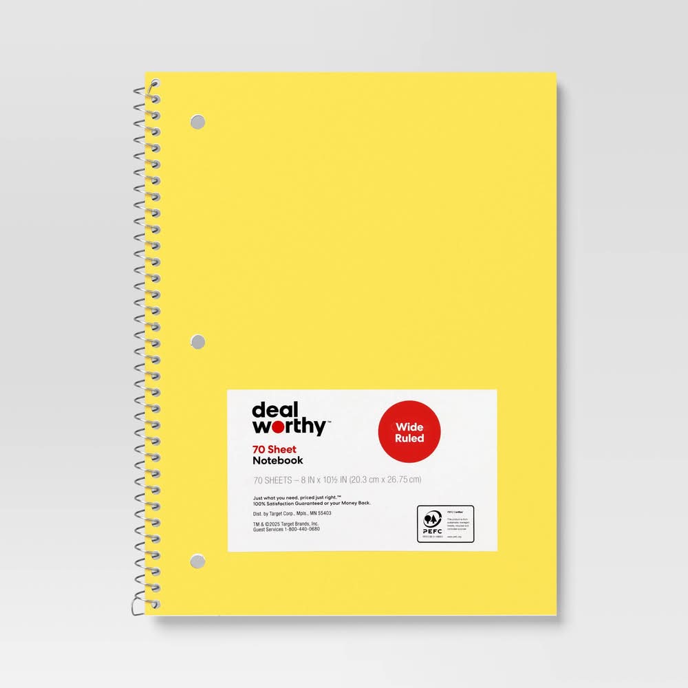 Dealworthy Wide Rule Spiral Notebook, 8 x 10.5 in, Yellow