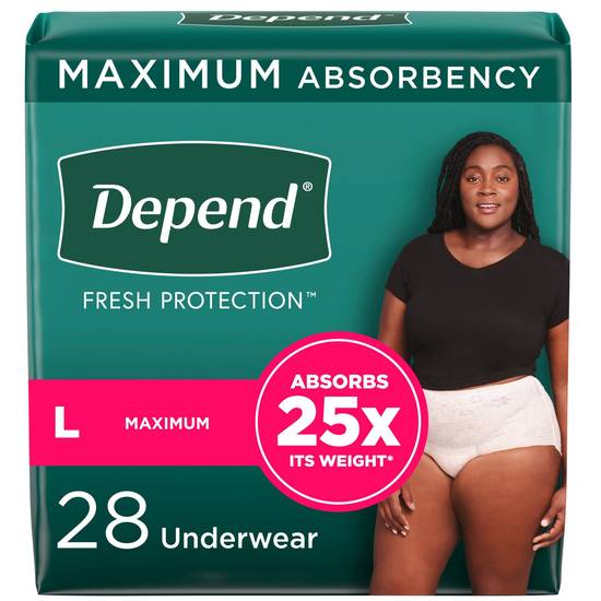 Depend FIT-FLEX Incontinence Underwear for Women, Maximum Absorbency, L, Blush, 28 CT