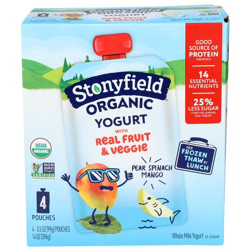 Stonyfield Organic Pear Spinach Mango Kids Yogurt Pouch 4 Pack
