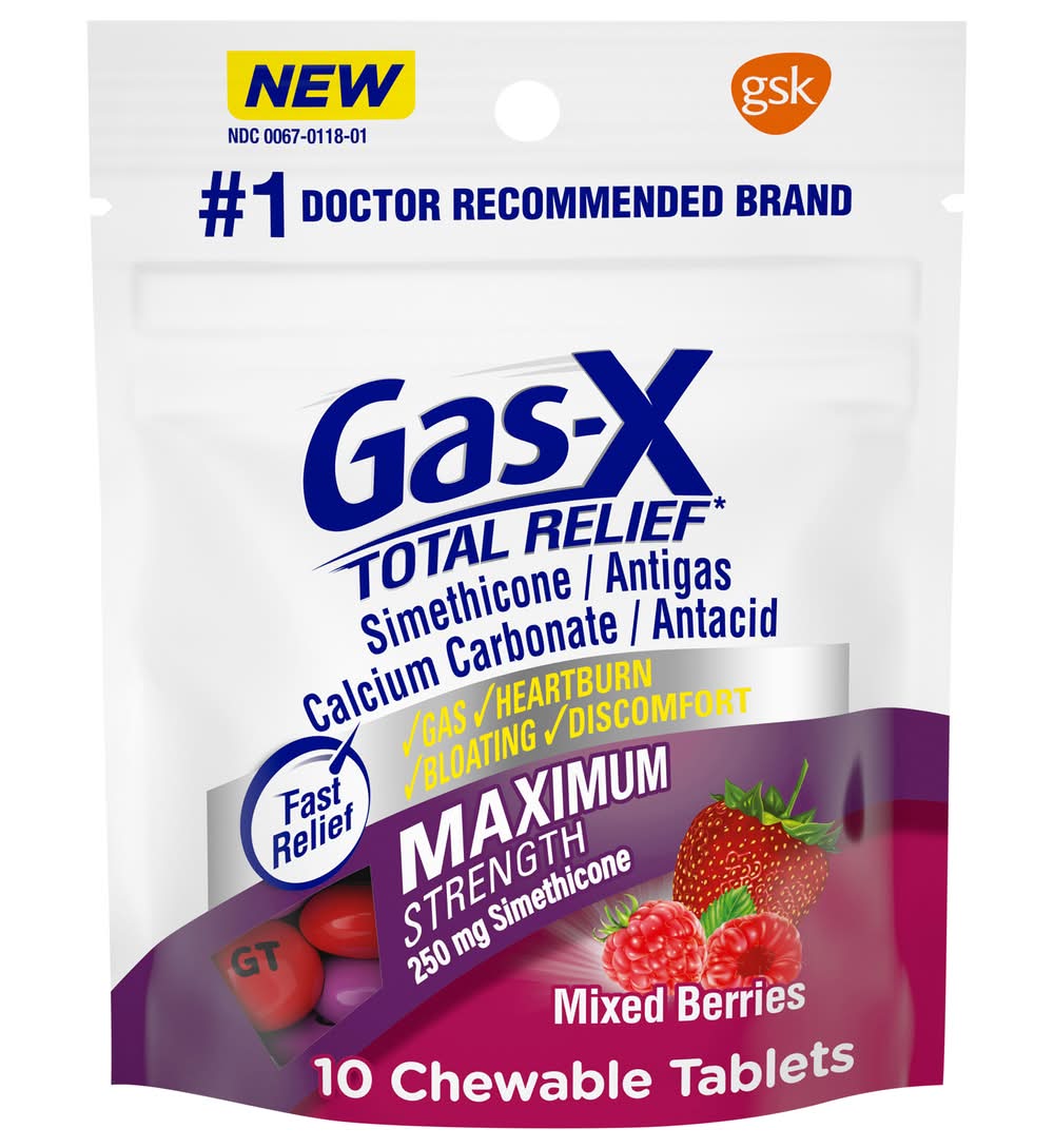 Gas-X Total Relief Chewable Tablets Maximum Strength Simethicone 250 mg, Mixed Berries (10 ct)