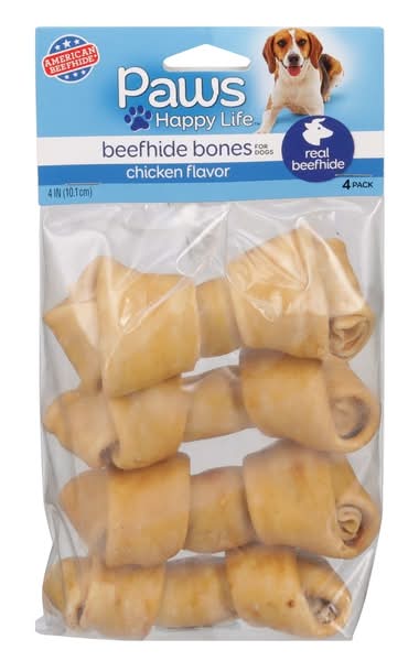 Paws Happy Life Beefhide Bones For Dogs, Chicken, 4 In (4 ct)
