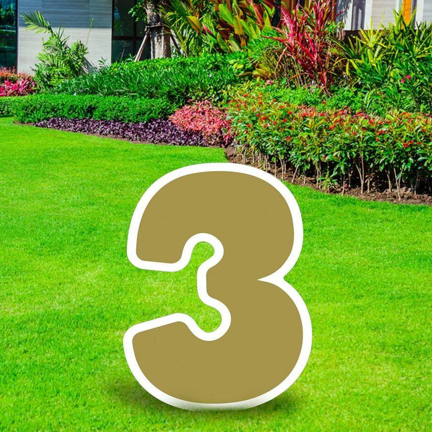 Gold Number (3) Corrugated Plastic Yard Sign, 24in