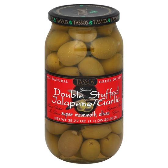 Tassos Double Stuffed Jalapeno Garlic Super Mammoth Olives
