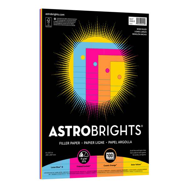 Astrobrights Wide Ruled Filler Paper, 8" x 10.5", Assorted (100 ct)