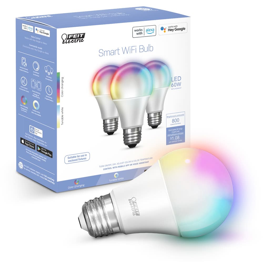 Feit Electric Feit Smart WiFi 60 -Watt EQ A19 Full spectrum Medium screw base E26 Dimmable Smart LED General purpose Light Bulb 3 -Pack