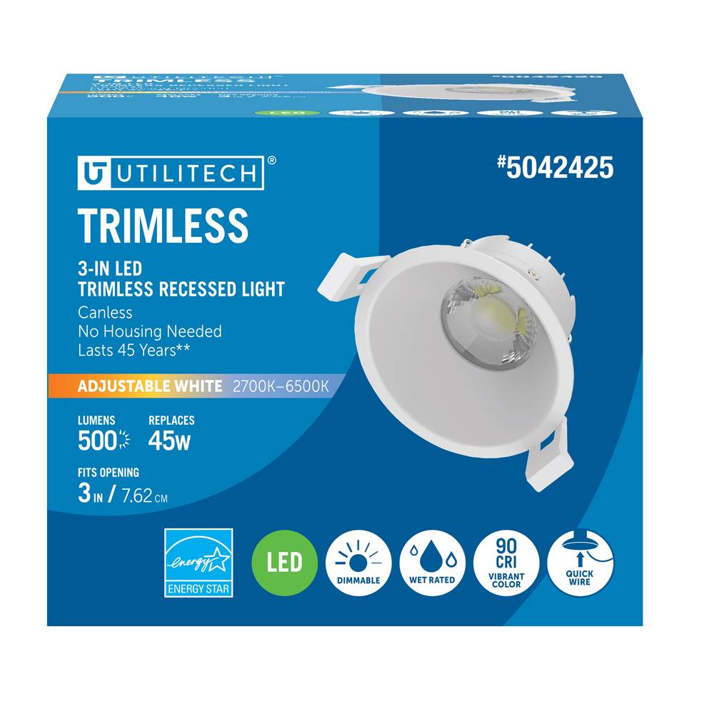Utilitech Tethered Retrofit White 3-in 500-Lumen Switchable White Round Dimmable LED Canless Recessed Downlight | LLEDR3XT/5CCT/SP/V2
