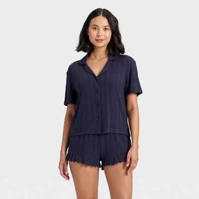Women's Pointelle Notch Collar Shirt and Shorts Pajama Set - Wild Fable™ Navy XXS