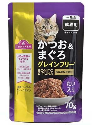 トップバリュ　キャットフード　パウチ　かつお＆まぐろ　グレインフリー　たい入り　成猫用　７０ｇ