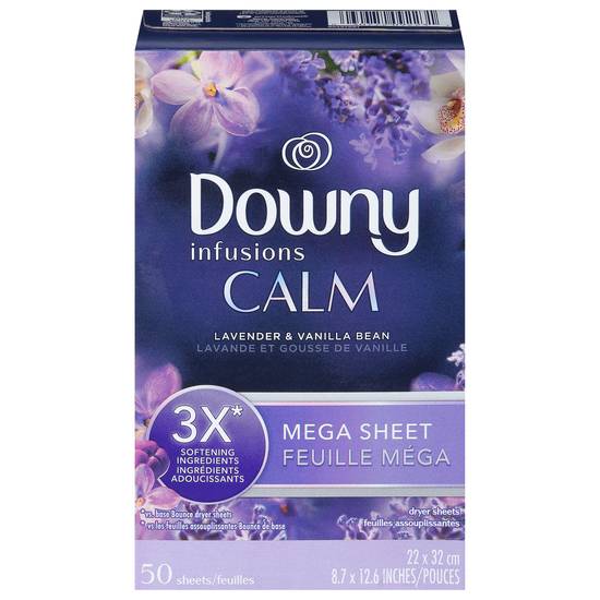 Downy Infusions Mega Dryer Sheets Laundry Fabric Softener Calm Lavender and Vanilla Bean