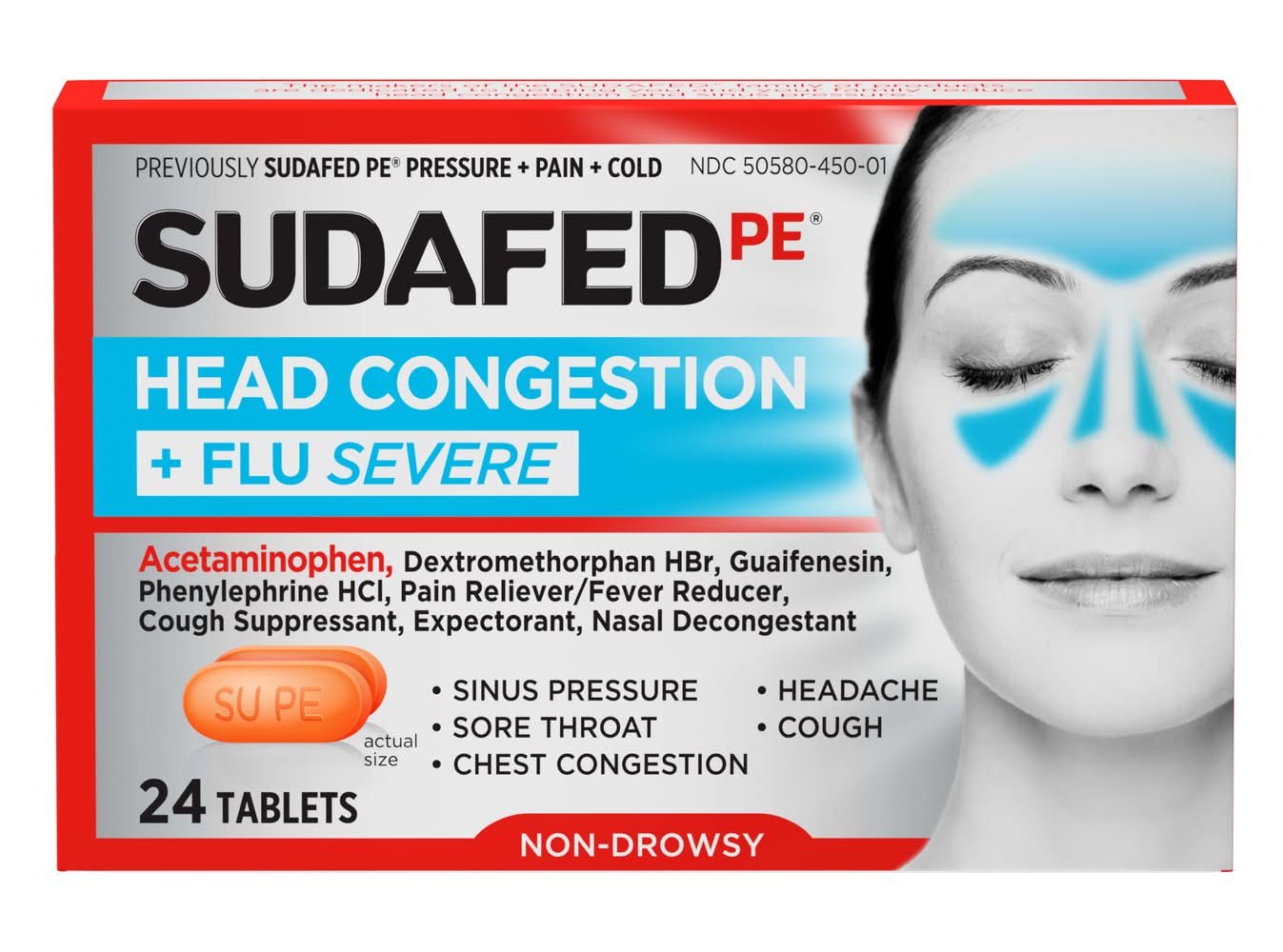 Sudafed PE Head Congestion + Flu Severe Non-Drowsy Tablets (24 ct)