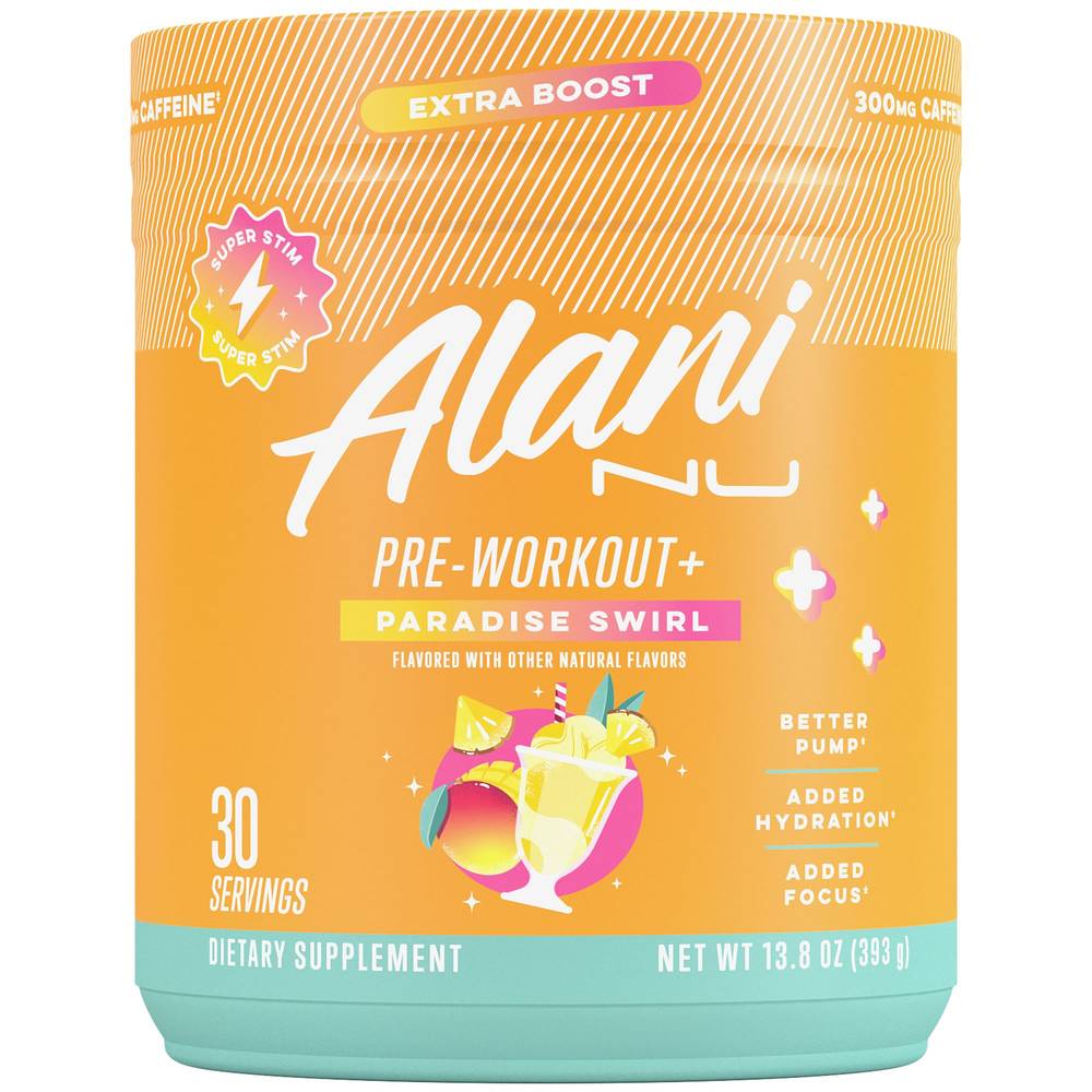 Alani Nu Pre-Workout With Extra Boost Supplement Powder, Paradise Swirl (13.8 fl oz)