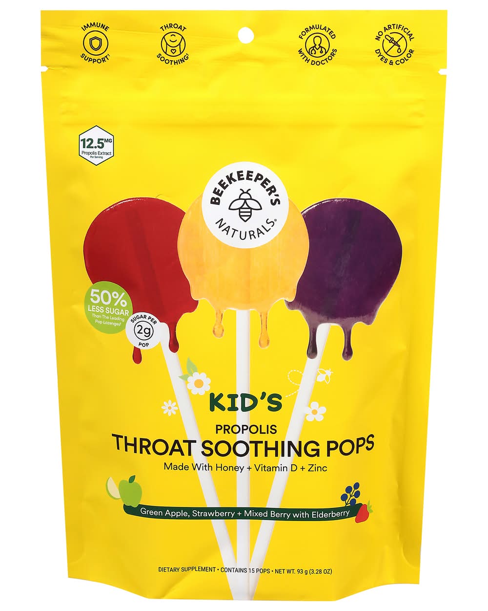 Beekeeper's Naturals Kid's Propolis Throat Soother Lollipops, Green Apple Strawberry + Mixed Berry With Elderberry (3.28 oz, 15 ct)