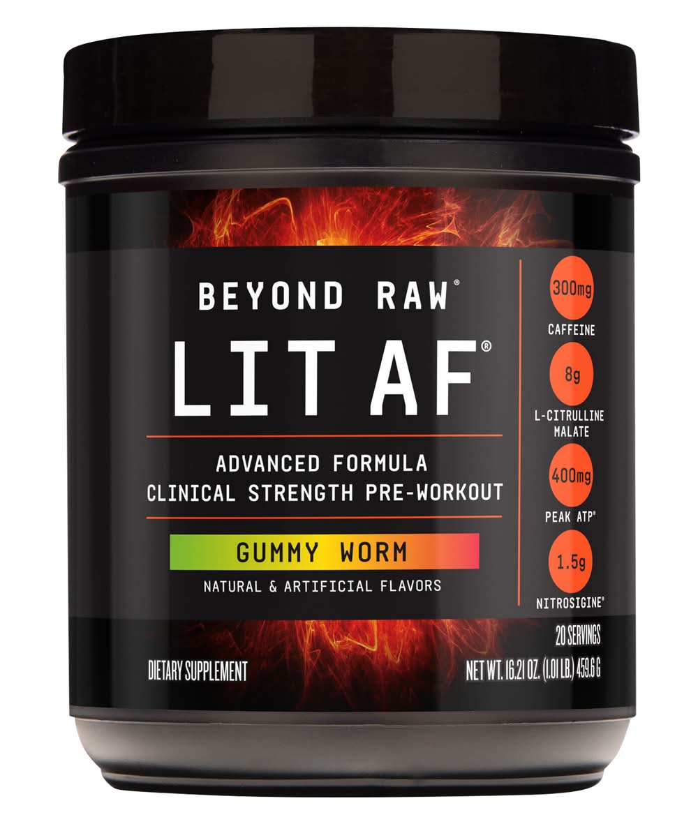 Beyond Raw Lit Af Pre Workout Protein Powder, Gummy Worm (16.21 oz)