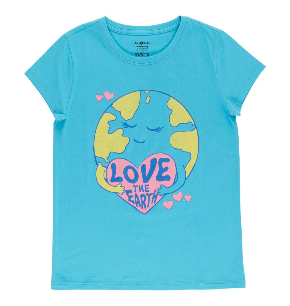 BELLA & BIRDIE Girl's Earth Day Crew Neck T-Shirt (S(7-8), Blue Atoll)