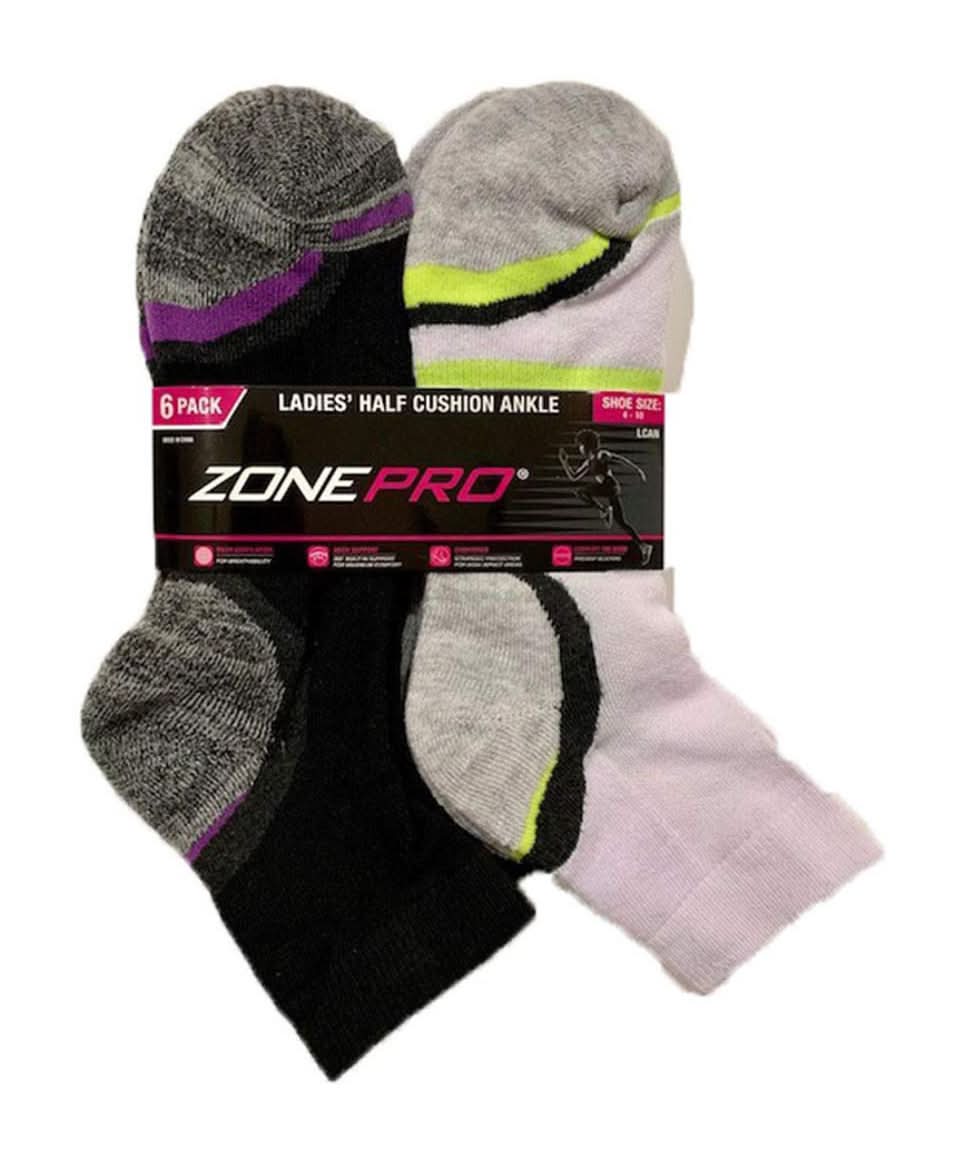 Zone Pro Ladies Half Cushion Fashion No Ankle 6 Pack