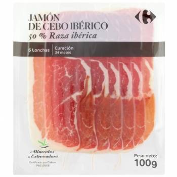 Jamón de cebo ibérico 50% raza ibérica en lonchas Carrefour 100 g