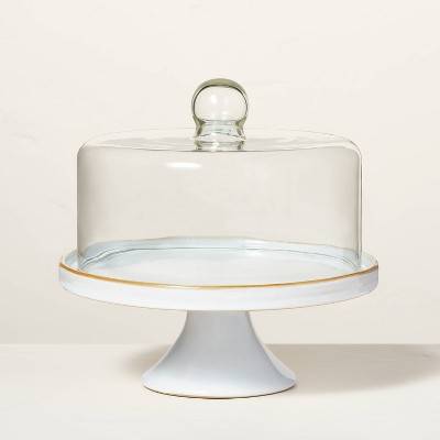 11" Stoneware Reactive Glaze Cake Stand with Glass Cloche Cream - Hearth & Hand™ with Magnolia