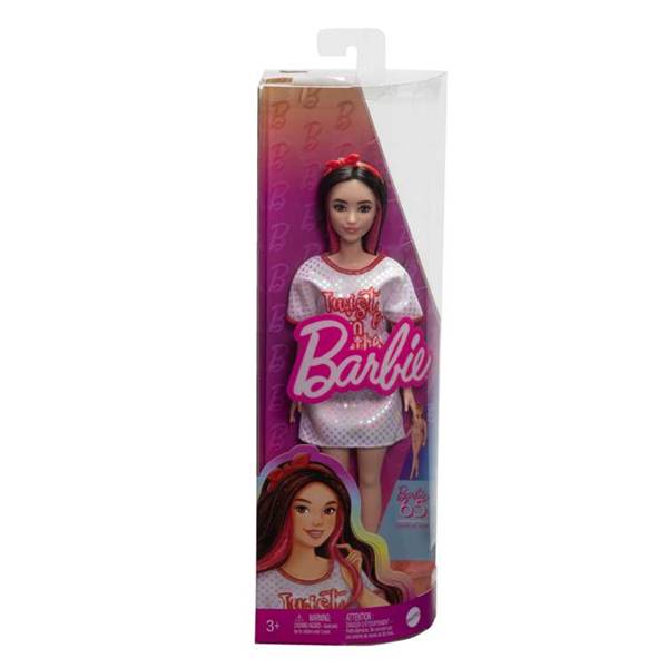 Barbie Fashionistas Doll #214, Black Wavy Hair With Twist ‘n’ Turn Dress & Accessories, 65th Anniversary, 3+