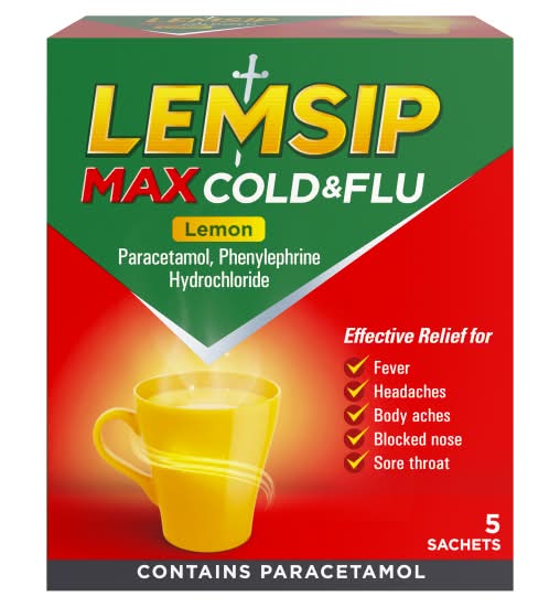 Lemsip Lemon, Max Cold & Flu Powder Sachets (5 pack)