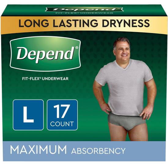 Depend FIT-FLEX Incontinence Underwear for Men, Maximum Absorbency, L, Grey, 17 Count