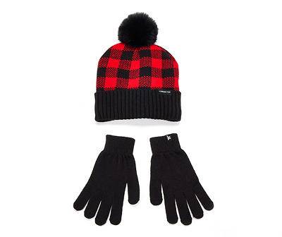 Buffalo Check Pom Pom Beanie & Gloves Set, Red-Black (3 ct)