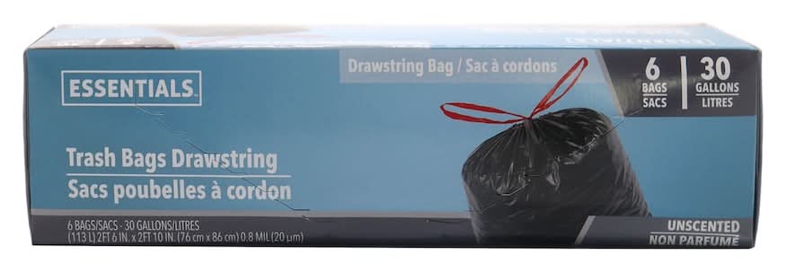Essentials Drawstring Unscented Trash Bags 30 Gallon, 76x86 cm (6 ct)