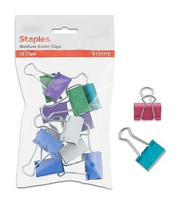 Staples® Medium Binder Clips, 0.63 Capacity, Assorted Colors, 15 Clips/Pack (ST21372)