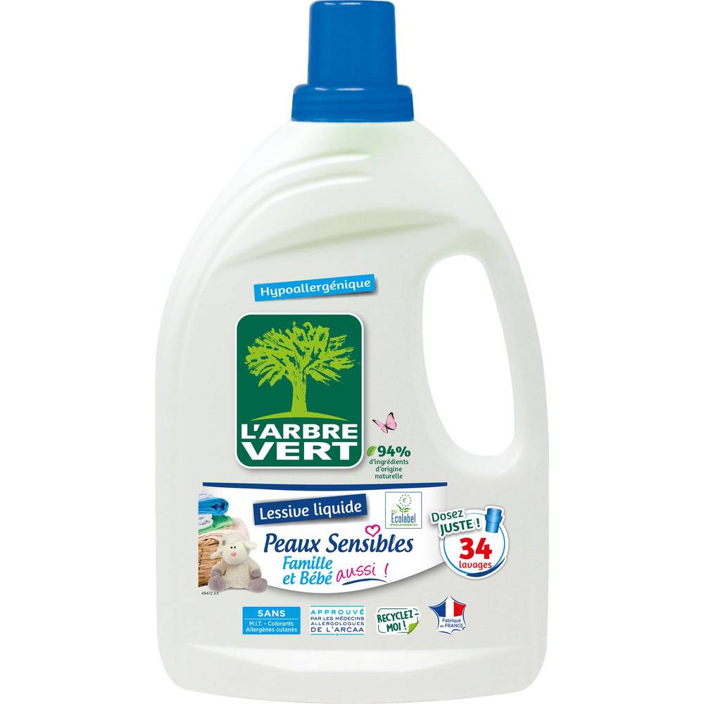 L'Arbre Vert - Lessive liquide peaux sensibles hypoallergénique 34 lavages (1,53L)