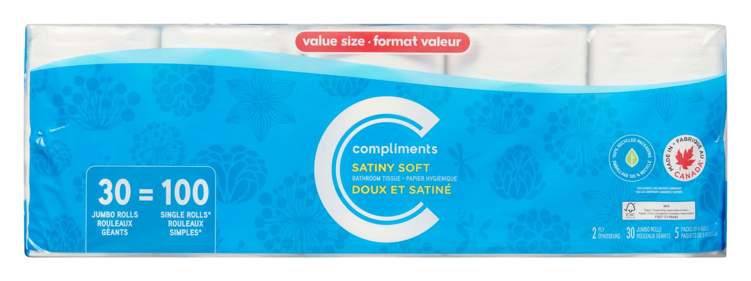Compliments 2 Ply Satiny Soft Bathroom Tissue Rolls, 9.9 cm x 10.1 cm (30 ct)