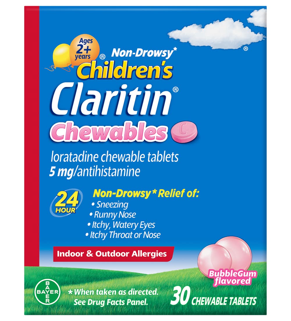 Children's Claritin Oratadine Allergy Relief 24 Hour Non-Drowsy Bubble Gum Chewable Tablets Ages 2+years (30 ct)