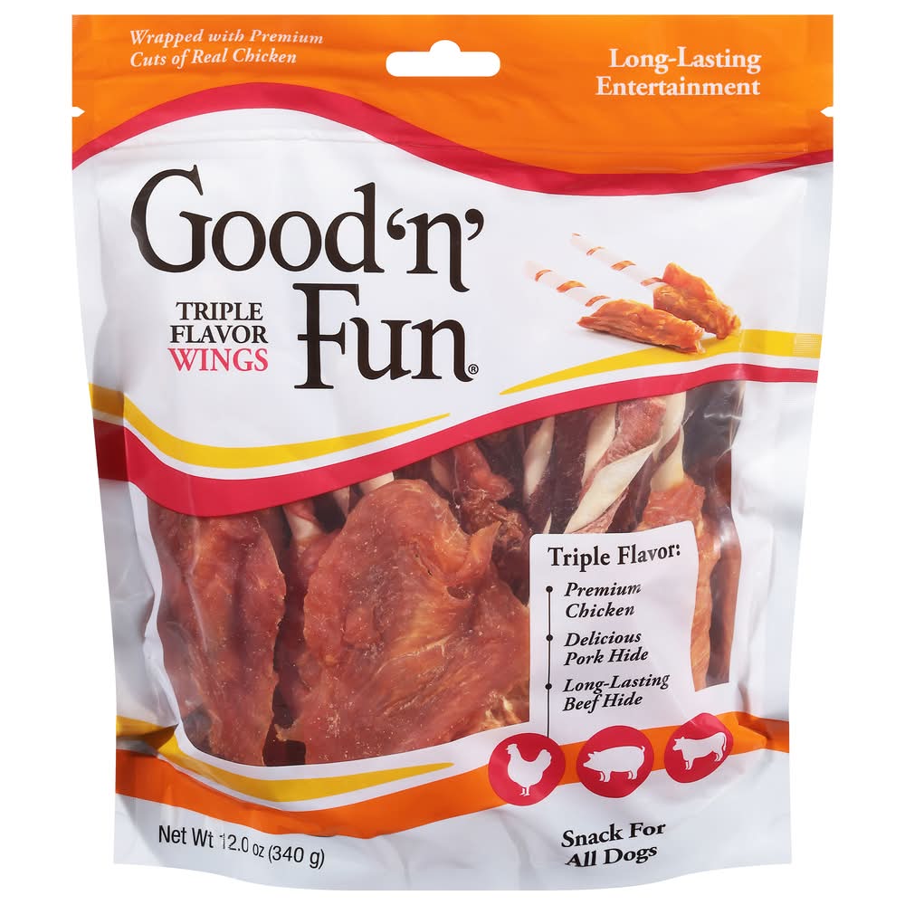 Good 'n' Fun Triple Flavor Wings Rawhide Dog Treats, Beef Chicken Pork (12 oz)